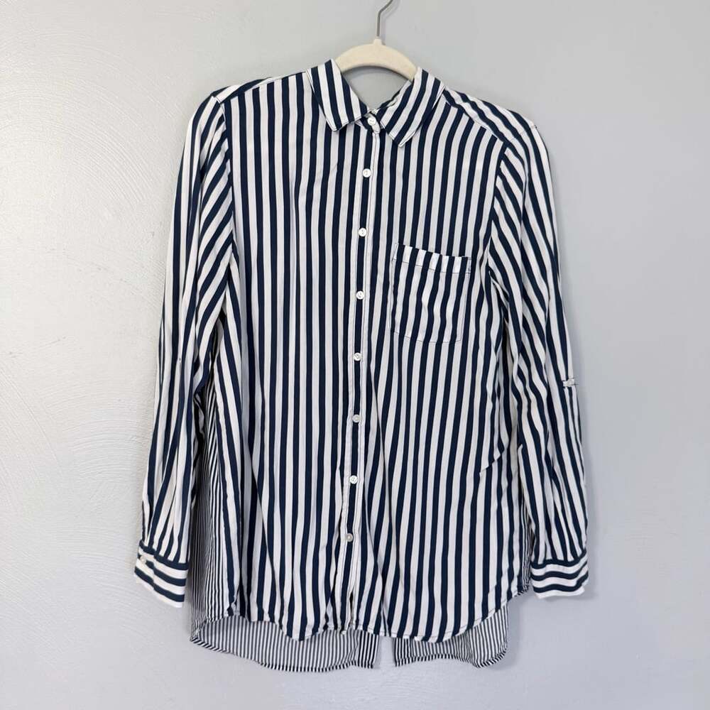 Jane + Delancey Blue and White Striped Long Sleeve Button Down Shirt Size M